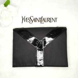 YSL Yves Saint Laurent Y Black Clutch Wallet Evening Bag Faux Leather Trim Flap